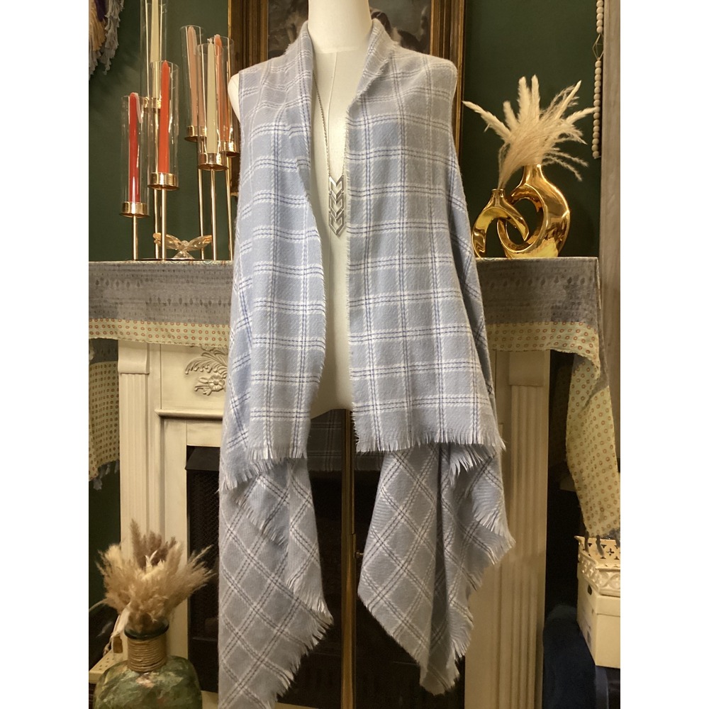Ace‎ Fashion Light Blue Plaid Draped Open Front Vest Frayed Edge One Size
